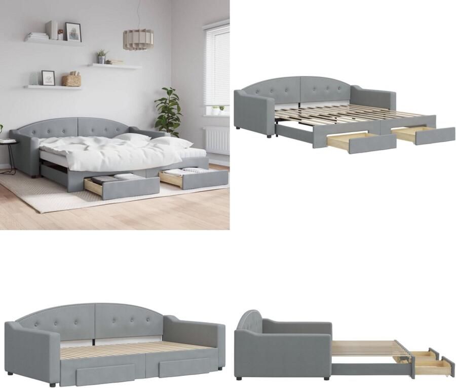 VidaXL Slaapbank onderschuifbed en lades 100x200 cm stof lichtgrijs Slaapbank Met Onderschuifbed Slaapbanken Met Onderschuifbedden Slaapbank Bedbank