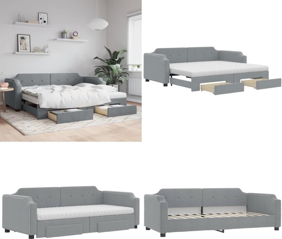 VidaXL Slaapbank onderschuifbed en lades 100x200 cm stof lichtgrijs Slaapbank Met Onderschuifbed Slaapbanken Met Onderschuifbedden Slaapbank Logeerbed