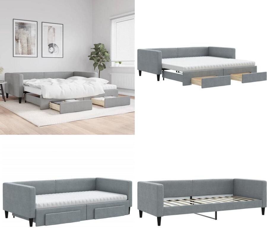 VidaXL Slaapbank onderschuifbed en lades 100x200 cm stof lichtgrijs Slaapbank Met Onderschuifbed Slaapbanken Met Onderschuifbedden Slaapbank Logeerbed