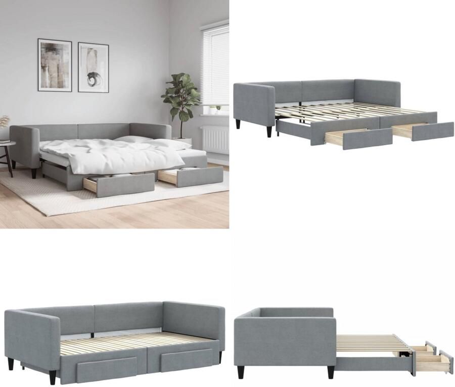 VidaXL Slaapbank onderschuifbed en lades 100x200 cm stof lichtgrijs Slaapbank Met Onderschuifbed Slaapbanken Met Onderschuifbedden Slaapbank Bedbank