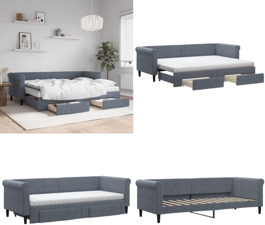 VidaXL Slaapbank onderschuifbed en lades 80x200 cm fluweel donkergrijs Slaapbank Met Onderschuifbed Slaapbanken Met Onderschuifbedden Slaapbank Bedbank