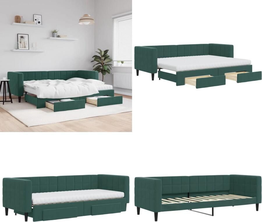 VidaXL Slaapbank onderschuifbed en lades 80x200 cm fluweel donkergroen Slaapbank Met Onderschuifbed Slaapbanken Met Onderschuifbedden Slaapbank Bedbank