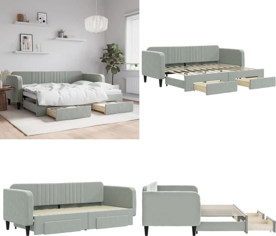 VidaXL Slaapbank onderschuifbed en lades 80x200 cm fluweel lichtgrijs Slaapbank Met Onderschuifbed Slaapbanken Met Onderschuifbedden Slaapbank Bedbank