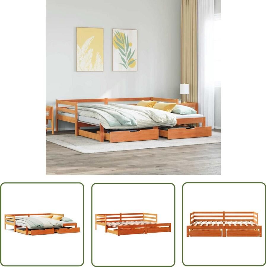 VidaXL Slaapbank onderschuifbed en lades 80x200 cm grenenhout wasbruin Slaapbank Onderschuifbed Logeerbed Banken Garenenhouten Meubilair