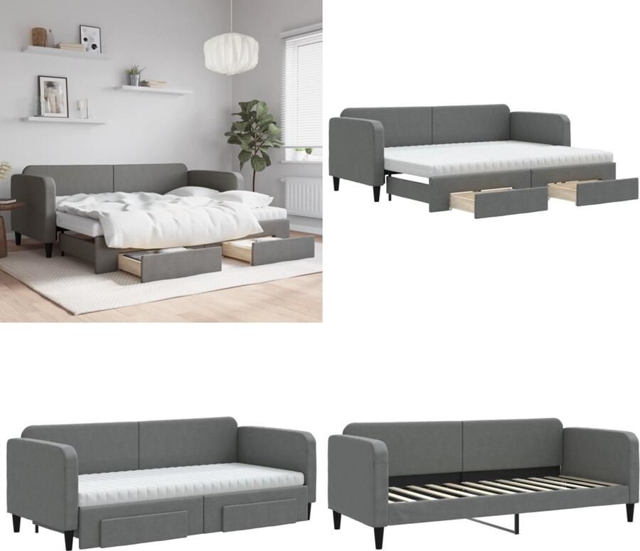 VidaXL Slaapbank onderschuifbed en lades 80x200 cm stof donkergrijs Slaapbank Met Onderschuifbed Slaapbanken Met Onderschuifbedden Slaapbank Logeerbed