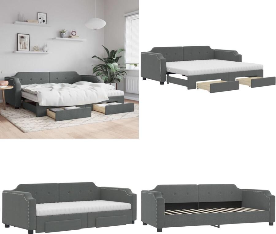 VidaXL Slaapbank onderschuifbed en lades 80x200 cm stof donkergrijs Slaapbank Met Onderschuifbed Slaapbanken Met Onderschuifbedden Slaapbank Logeerbed