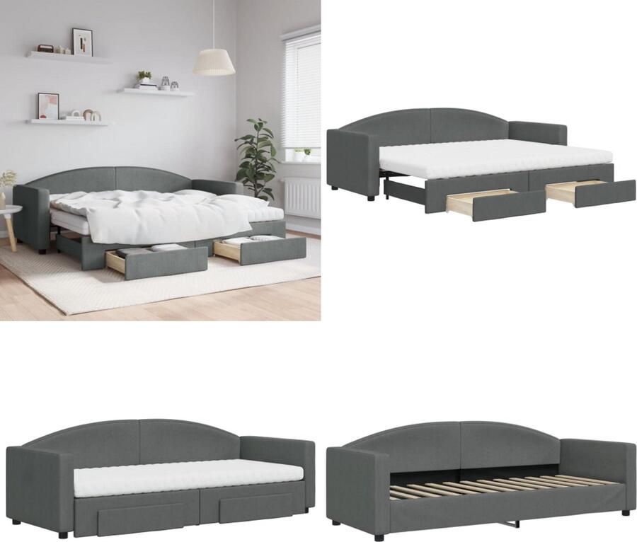 VidaXL Slaapbank onderschuifbed en lades 80x200 cm stof donkergrijs Slaapbank Met Onderschuifbed Slaapbanken Met Onderschuifbedden Slaapbank Logeerbed