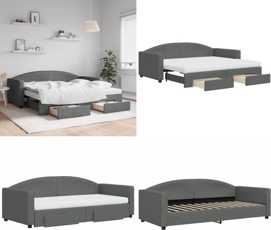 VidaXL Slaapbank onderschuifbed en lades 90x190 cm stof donkergrijs Slaapbank Met Onderschuifbed Slaapbanken Met Onderschuifbedden Slaapbank Logeerbed
