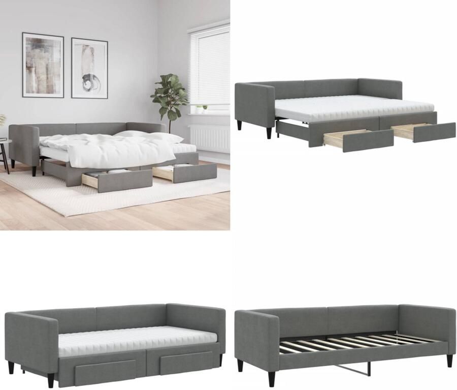 VidaXL Slaapbank onderschuifbed en lades 90x190 cm stof donkergrijs Slaapbank Met Onderschuifbed Slaapbanken Met Onderschuifbedden Slaapbank Logeerbed