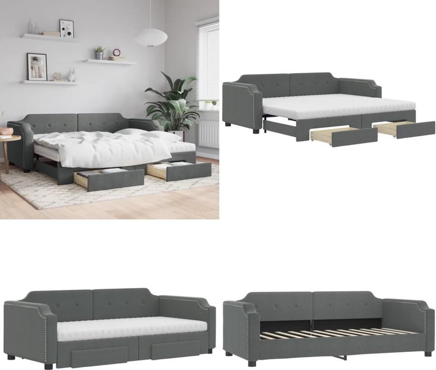 VidaXL Slaapbank onderschuifbed en lades 90x190 cm stof donkergrijs Slaapbank Met Onderschuifbed Slaapbanken Met Onderschuifbedden Slaapbank Logeerbed