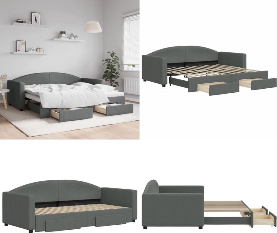 VidaXL Slaapbank onderschuifbed en lades 90x190 cm stof donkergrijs Slaapbank Met Onderschuifbed Slaapbanken Met Onderschuifbedden Slaapbank Bedbank
