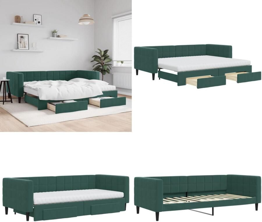 VidaXL Slaapbank onderschuifbed en lades 90x200 cm fluweel donkergroen Slaapbank Met Onderschuifbed Slaapbanken Met Onderschuifbedden Slaapbank Bedbank