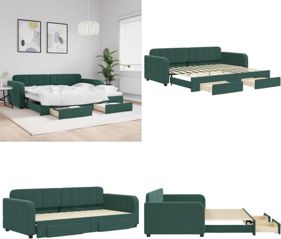 VidaXL Slaapbank onderschuifbed en lades 90x200 cm fluweel donkergroen Slaapbank Slaapbanken Slaap Bank Slaapbank Met Onderschuifbed