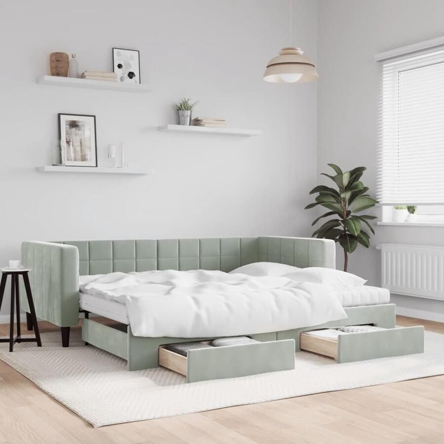 VidaXL Slaapbank met onderschuifbed Fluweel Lichtgrijs Slaapbank Sofa Bed Tweepersoons Bed Onder Schuifbed Multifunctioneel Meubilair