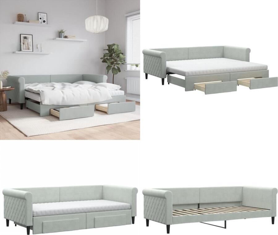 VidaXL Slaapbank onderschuifbed en lades 90x200 cm fluweel lichtgrijs Slaapbank Met Onderschuifbed Slaapbanken Met Onderschuifbedden Slaapbank Bedbank