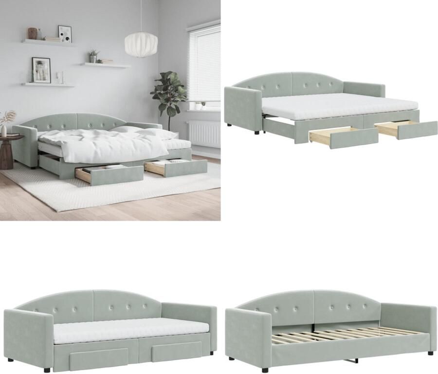 VidaXL Slaapbank onderschuifbed en lades 90x200 cm fluweel lichtgrijs Slaapbank Met Onderschuifbed Slaapbanken Met Onderschuifbedden Slaapbank Logeerbed