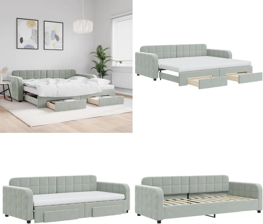 VidaXL Slaapbank onderschuifbed en lades 90x200 cm fluweel lichtgrijs Slaapbank Met Onderschuifbed Slaapbanken Met Onderschuifbedden Slaapbank Logeerbed