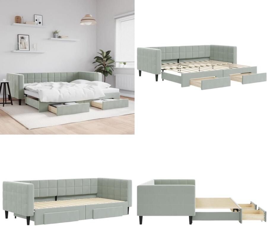 VidaXL Slaapbank onderschuifbed en lades 90x200 cm fluweel lichtgrijs Slaapbank Met Onderschuifbed Slaapbanken Met Onderschuifbedden Slaapbank Bedbank - Foto 2