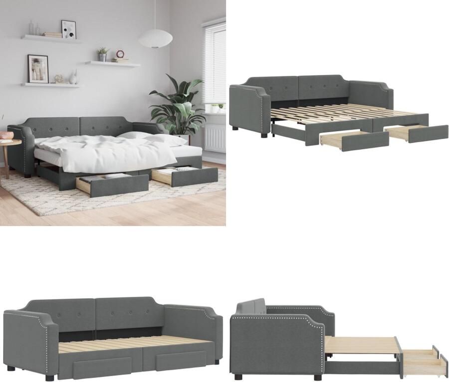 VidaXL Slaapbank onderschuifbed en lades 90x200 cm stof donkergrijs Slaapbank Met Onderschuifbed Slaapbanken Met Onderschuifbedden Slaapbank Bedbank