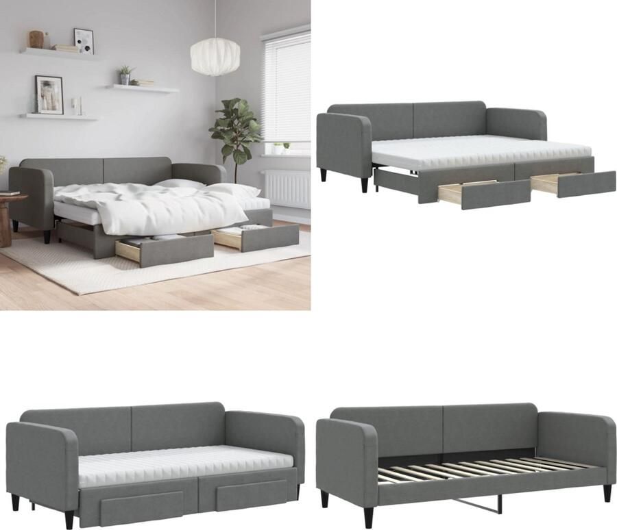 VidaXL Slaapbank onderschuifbed en lades 90x200 cm stof donkergrijs Slaapbank Met Onderschuifbed Slaapbanken Met Onderschuifbedden Slaapbank Logeerbed