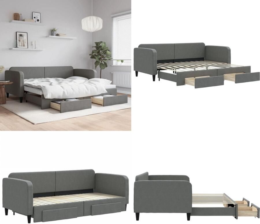 VidaXL Slaapbank onderschuifbed en lades 90x200 cm stof donkergrijs Slaapbank Met Onderschuifbed Slaapbanken Met Onderschuifbedden Slaapbank Bedbank