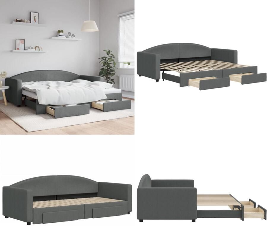 VidaXL Slaapbank onderschuifbed en lades 90x200 cm stof donkergrijs Slaapbank Met Onderschuifbed Slaapbanken Met Onderschuifbedden Slaapbank Bedbank