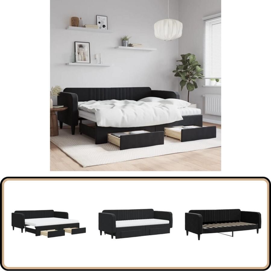 VidaXL Slaapbank Onderschuifbed & Lades 90x200cm Slaapbank Tweepersoons Bed Onderschuifbed Boxspring Lounge Sofa Zitmeubel Multifunctioneel Meubilair Zwarte Meubels Design Meubel