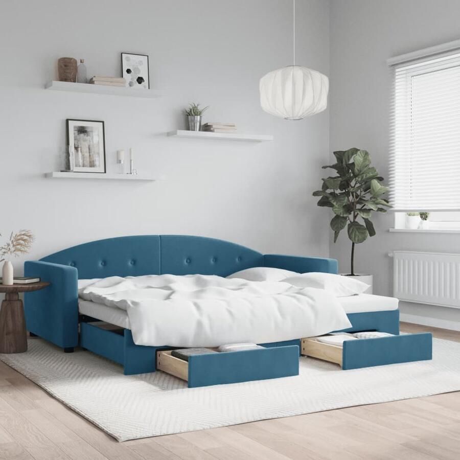 VidaXL Slaapbank Onderschuifbed en Lades Fluweel Blauw Slaapbank Sofa Bed Tweepersoonsbed Onder Schuifbed Boxspring Opbergladekast Lounge Meubilair Woonkamer Meubels Slaapkamer Meubels Blauwe Meubels Fluweel Meubels - Foto 2