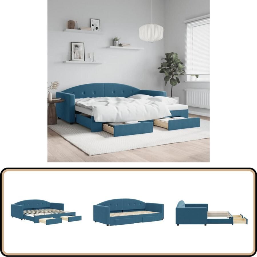 VidaXL Slaapbank Onderschuifbed en Lades Fluweel Blauw Slaapbank Sofa Bed Tweepersoonsbed Onder Schuifbed Boxspring Opbergladekast Lounge Meubilair Woonkamer Meubels Slaapkamer Meubels Blauwe Meubels Fluweel Meubels