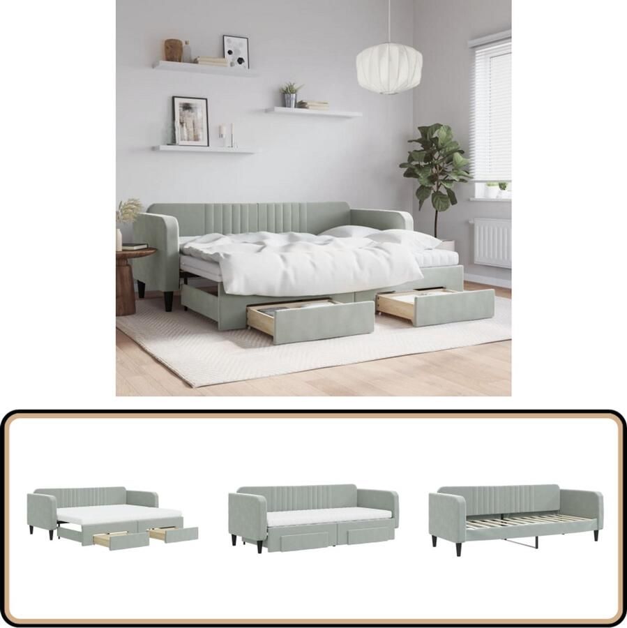 VidaXL Slaapbank Onderschuifbed en lades Lichtgrijs Slaapbank Sofa Bed Tweepersoonsbed Lounge Meubels Multifunctioneel Meubilair Designmeubil Grijs Meubilair Fluweel Meubilair