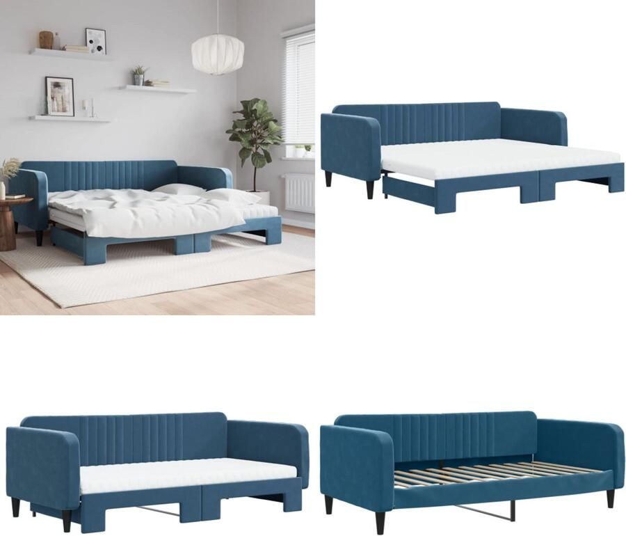 VidaXL Slaapbank onderschuifbed en matrassen 100x200 cm fluweel blauw Slaapbank Met Onderschuifbed Slaapbanken Met Onderschuifbedden Slaapbank Bedbank