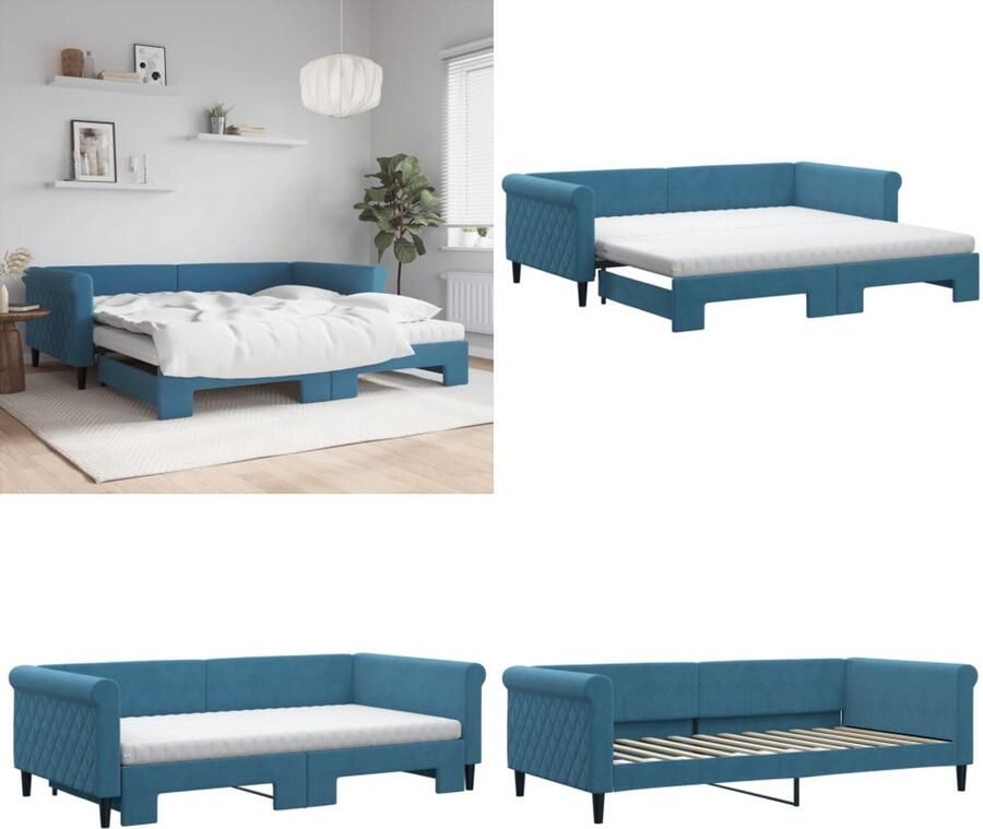 VidaXL Slaapbank onderschuifbed en matrassen 100x200 cm fluweel blauw Slaapbank Met Onderschuifbed Slaapbanken Met Onderschuifbedden Slaapbank Bedbank