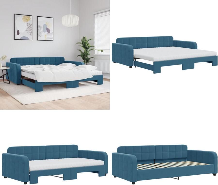 VidaXL Slaapbank onderschuifbed en matrassen 100x200 cm fluweel blauw Slaapbank Met Onderschuifbed Slaapbanken Met Onderschuifbedden Slaapbank Bedbank