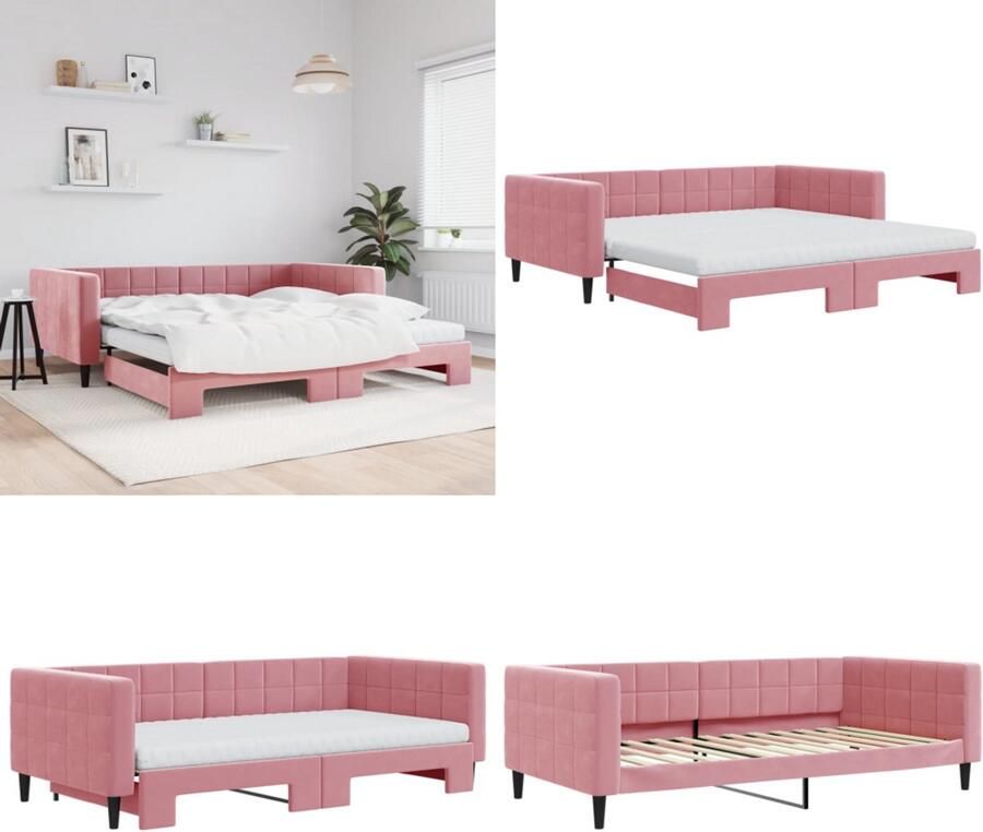 VidaXL Slaapbank onderschuifbed en matrassen 100x200 cm fluweel roze Slaapbank Met Onderschuifbed Slaapbanken Met Onderschuifbedden Slaapbank Bedbank