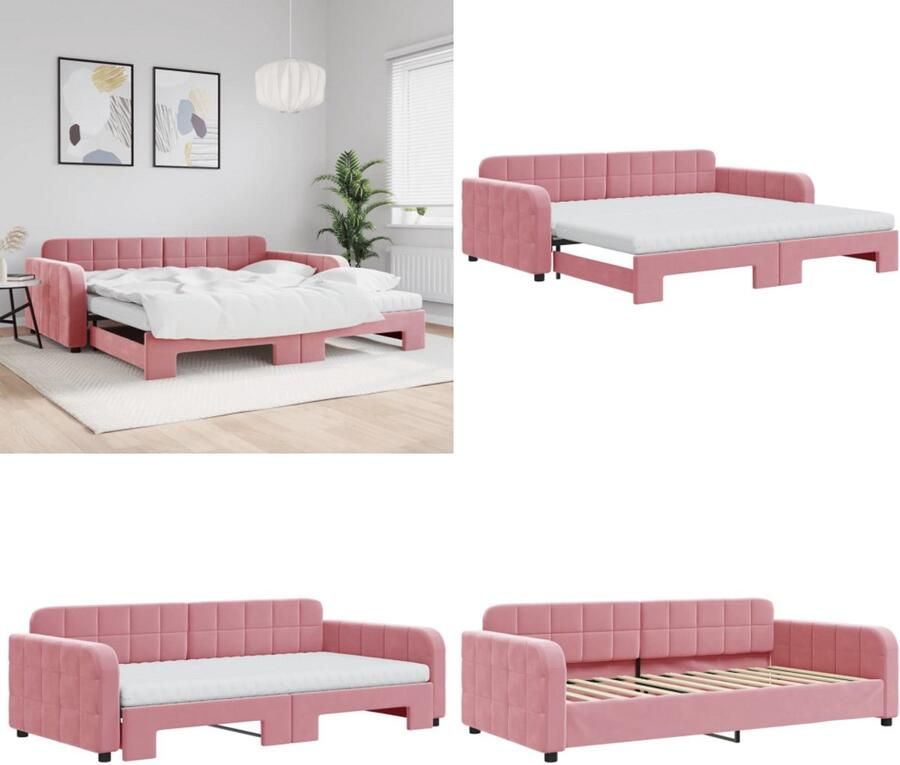 VidaXL Slaapbank onderschuifbed en matrassen 100x200 cm fluweel roze Slaapbank Met Onderschuifbed Slaapbanken Met Onderschuifbedden Slaapbank Bedbank