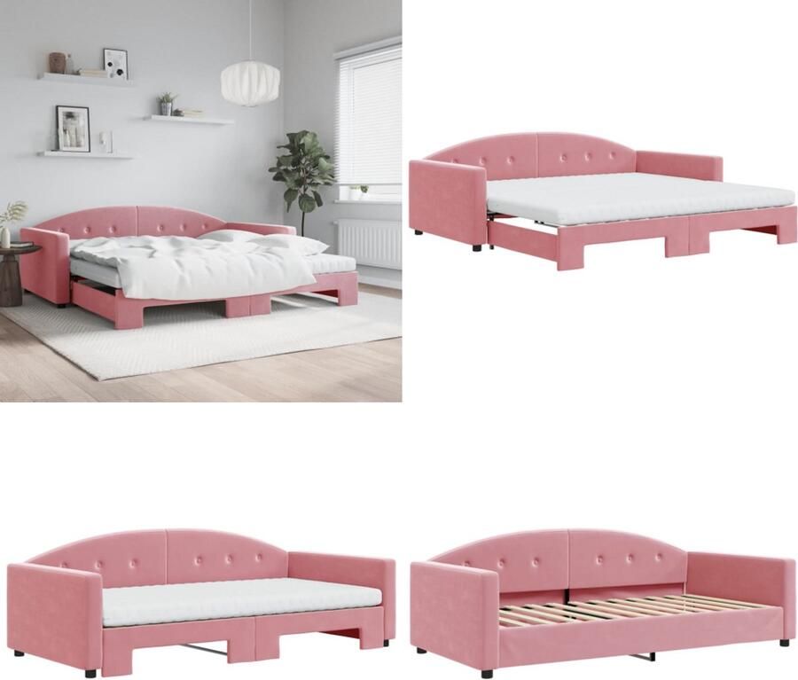 VidaXL Slaapbank onderschuifbed en matrassen 100x200 cm fluweel roze Slaapbank Met Onderschuifbed Slaapbanken Met Onderschuifbedden Slaapbank Bedbank