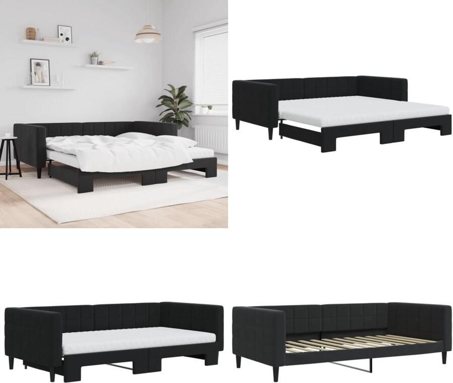 VidaXL Slaapbank onderschuifbed en matrassen 100x200 cm fluweel zwart Slaapbank Met Onderschuifbed Slaapbanken Met Onderschuifbedden Slaapbank Bedbank