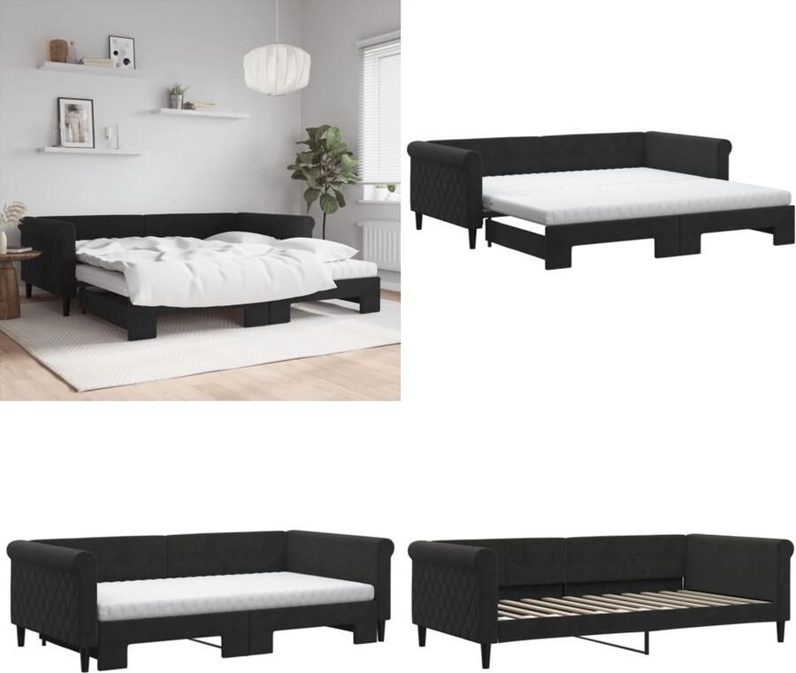 VidaXL Slaapbank onderschuifbed en matrassen 100x200 cm fluweel zwart Slaapbank Met Onderschuifbed Slaapbanken Met Onderschuifbedden Slaapbank Bedbank