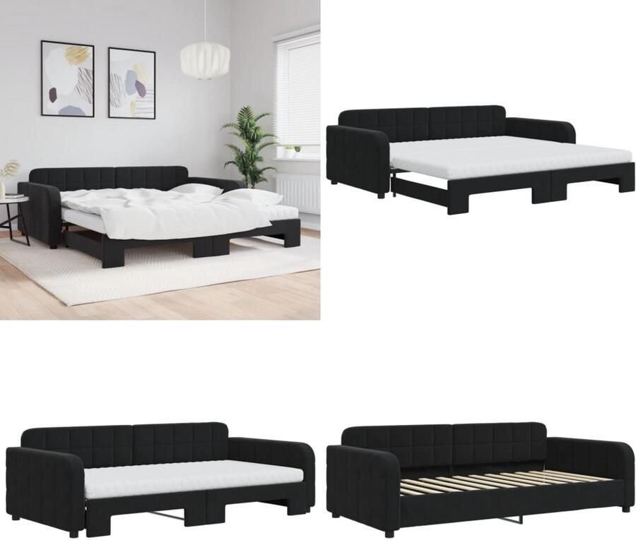 VidaXL Slaapbank onderschuifbed en matrassen 100x200 cm fluweel zwart Slaapbank Met Onderschuifbed Slaapbanken Met Onderschuifbedden Slaapbank Bedbank