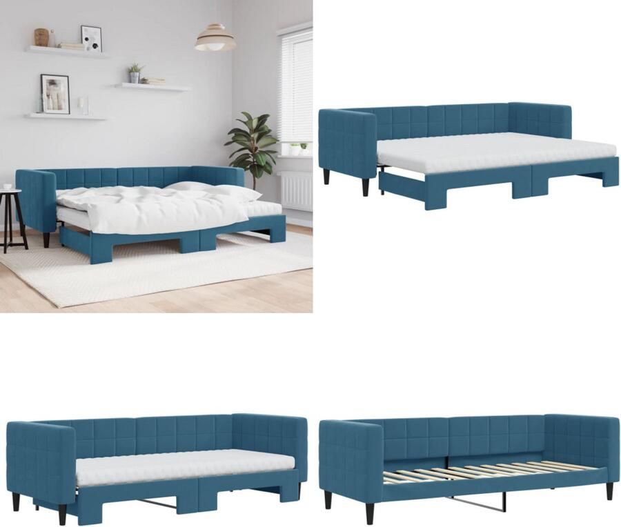 VidaXL Slaapbank onderschuifbed en matrassen 80x200 cm fluweel blauw Slaapbank Met Onderschuifbed Slaapbanken Met Onderschuifbedden Slaapbank Bedbank