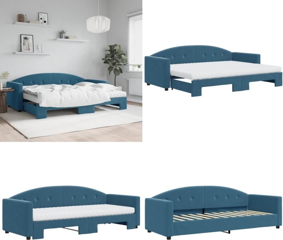 VidaXL Slaapbank onderschuifbed en matrassen 80x200 cm fluweel blauw Slaapbank Met Onderschuifbed Slaapbanken Met Onderschuifbedden Slaapbank Bedbank