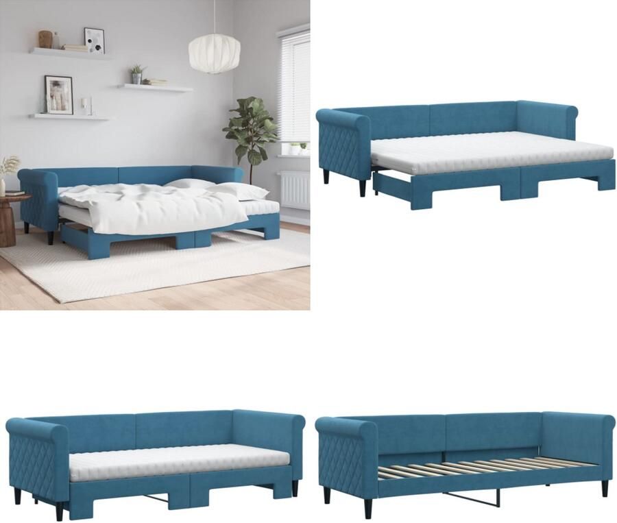 VidaXL Slaapbank onderschuifbed en matrassen 80x200 cm fluweel blauw Slaapbank Met Onderschuifbed Slaapbanken Met Onderschuifbedden Slaapbank Bedbank