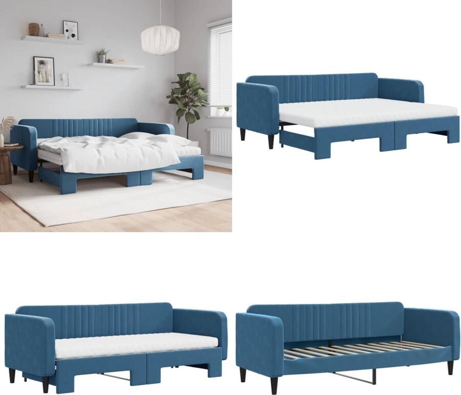 VidaXL Slaapbank onderschuifbed en matrassen 80x200 cm fluweel blauw Slaapbank Met Onderschuifbed Slaapbanken Met Onderschuifbedden Slaapbank Bedbank