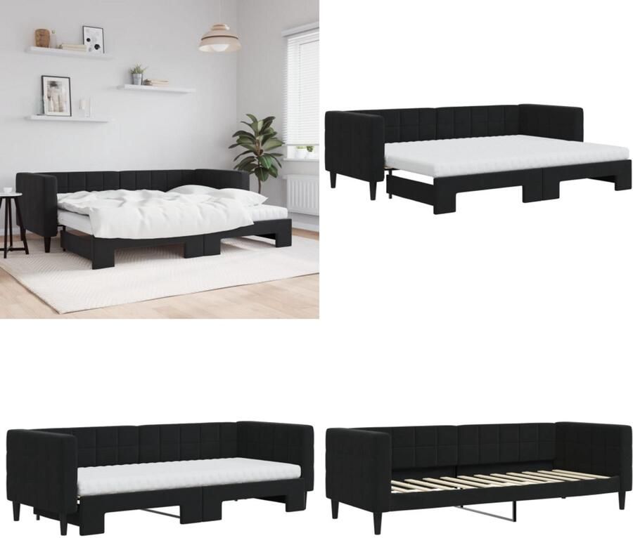 VidaXL Slaapbank onderschuifbed en matrassen 80x200 cm fluweel zwart Slaapbank Met Onderschuifbed Slaapbanken Met Onderschuifbedden Slaapbank Bedbank