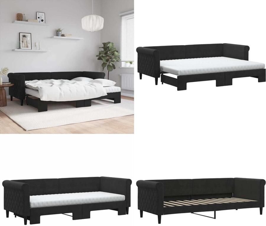 VidaXL Slaapbank onderschuifbed en matrassen 80x200 cm fluweel zwart Slaapbank Met Onderschuifbed Slaapbanken Met Onderschuifbedden Slaapbank Bedbank