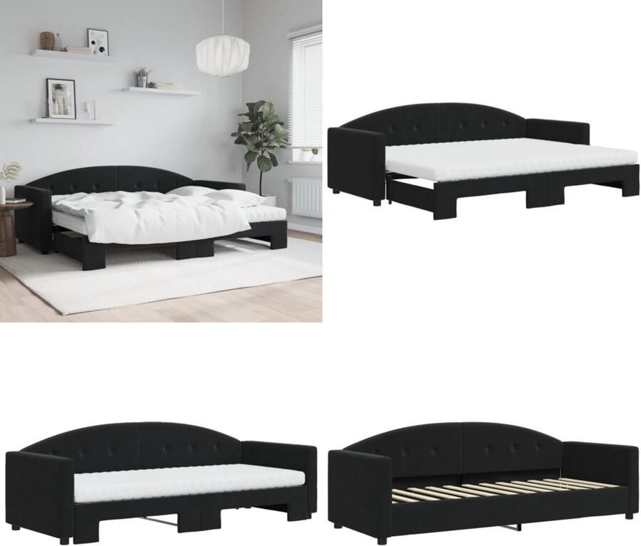 VidaXL Slaapbank onderschuifbed en matrassen 80x200 cm fluweel zwart Slaapbank Met Onderschuifbed Slaapbanken Met Onderschuifbedden Slaapbank Bedbank