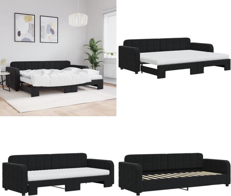 VidaXL Slaapbank onderschuifbed en matrassen 80x200 cm fluweel zwart Slaapbank Met Onderschuifbed Slaapbanken Met Onderschuifbedden Slaapbank Bedbank