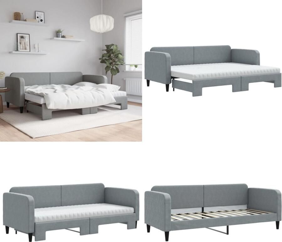 VidaXL Slaapbank onderschuifbed en matrassen 80x200 cm stof lichtgrijs Slaapbank Met Onderschuifbed Slaapbanken Met Onderschuifbedden Slaapbank Bedbank