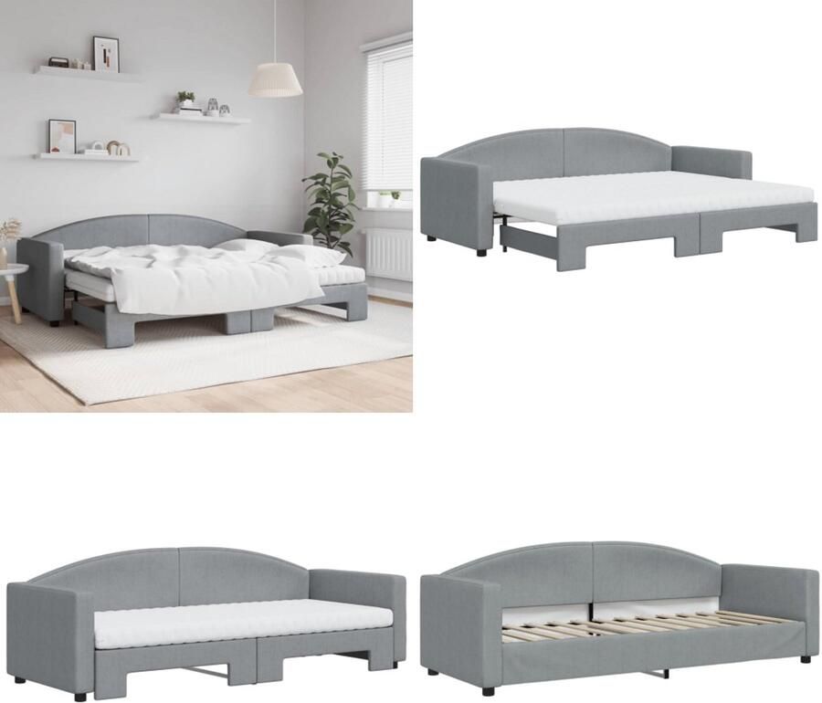 VidaXL Slaapbank onderschuifbed en matrassen 80x200 cm stof lichtgrijs Slaapbank Met Onderschuifbed Slaapbanken Met Onderschuifbedden Slaapbank Bedbank