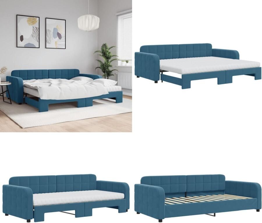 VidaXL Slaapbank onderschuifbed en matrassen 90x200 cm fluweel blauw Slaapbank Met Onderschuifbed Slaapbanken Met Onderschuifbedden Slaapbank Bedbank